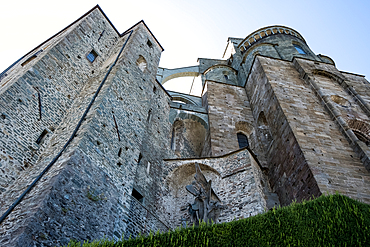 Architectural detail of the Sacra di San Michele, (Saint Michael's Abbey), a religious complex on Mount Pirchiriano, on south side of the Val di Susa, municipality of Sant'Ambrogio di Torino, Metropolitan City of Turin, Piedmont, Italy, Europe