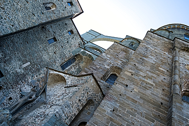 Architectural detail of the Sacra di San Michele, (Saint Michael's Abbey), a religious complex on Mount Pirchiriano, on south side of the Val di Susa, municipality of Sant'Ambrogio di Torino, Metropolitan City of Turin, Piedmont, Italy, Europe