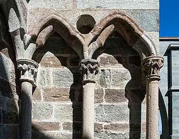 Architectural detail of the Sacra di San Michele, (Saint Michael's Abbey), a religious complex on Mount Pirchiriano, on south side of the Val di Susa, municipality of Sant'Ambrogio di Torino, Metropolitan City of Turin, Piedmont, Italy, Europe