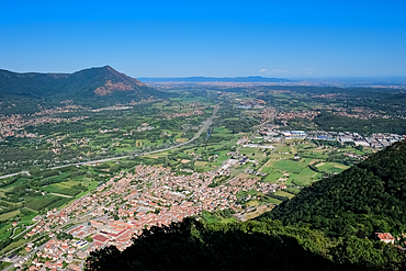 View of the City of Turin from the Sacra di San Michele (Saint Michael's Abbey), on Mount Pirchiriano, on south side of the Val di Susa, municipality of Sant'Ambrogio di Torino, Metropolitan City of Turin, Piedmont, Italy, Europe