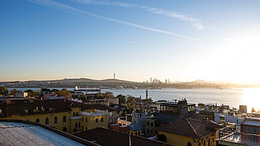 Cityscape view from Fatih, including the Bosporus, world's busiest waterway for international navigation, and the Çamlıca Tower, a massive telecommunications tower in the background, Istanbul Province, Turkey, Europe