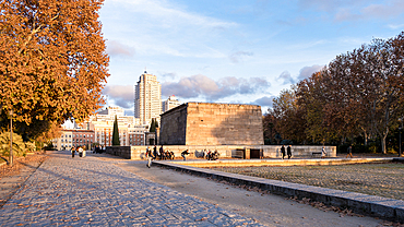 View of the ancient Nubian Temple of Debod, dismantled as part of the International Campaign to Save the Monuments of Nubia, rebuilt in Parque de la Montana, Madrid, Spain, Europe