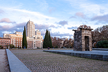 View of the ancient Nubian Temple of Debod, dismantled as part of the International Campaign to Save the Monuments of Nubia, rebuilt in Parque de la Montana, Madrid, Spain, Europe