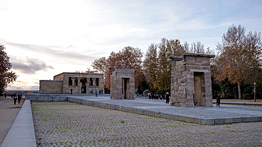 View of the ancient Nubian Temple of Debod, dismantled as part of the International Campaign to Save the Monuments of Nubia, rebuilt in Parque de la Montana, Madrid, Spain, Europe