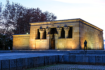 View of the ancient Nubian Temple of Debod, dismantled as part of the International Campaign to Save the Monuments of Nubia, rebuilt in Parque de la Montana, Madrid, Spain, Europe