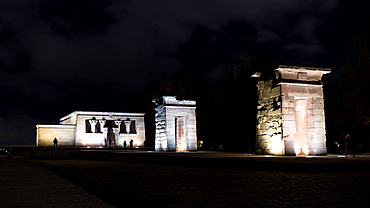 View of the ancient Nubian Temple of Debod, dismantled as part of the International Campaign to Save the Monuments of Nubia, rebuilt in Parque de la Montana, Madrid, Spain, Europe