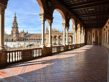 View of the Plaza de España (Spain Square), a plaza in the Parque de María Luisa (Maria Luisa Park), in Seville, Spain, built in 1928 for the Ibero-American Exposition of 1929 and a landmark example of Regionalism Architecture.