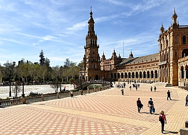 View of the Plaza de España (Spain Square), a plaza in the Parque de María Luisa (Maria Luisa Park), in Seville, Spain, built in 1928 for the Ibero-American Exposition of 1929 and a landmark example of Regionalism Architecture.