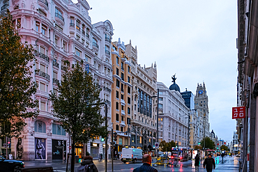 Urban landscape of Gran Vía, sometimes referred to as the Spanish Broadway, one of the city's most important shopping areas, with  hotels and cinemas, Madrid, Spain, Europe