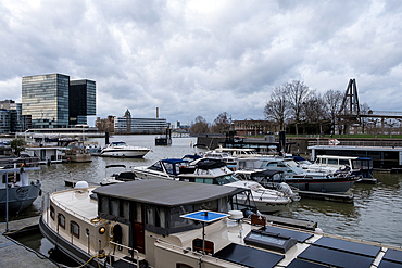 View of Dusseldorf-Hafen, an urban quarter of Dusseldorf, Germany, located on the River Rhine and location of the city's docks, Dusseldorf, North Rhine Westphalia, Germany, Europe