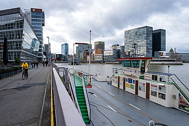 View of Dusseldorf-Hafen, an urban quarter located on the River Rhine and the location of the city's docks, Dusseldorf, North Rhine Westphalia, Germany, Europe