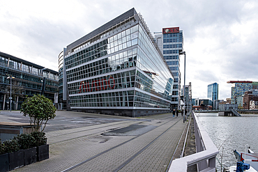 View of Dusseldorf-Hafen, an urban quarter located on the River Rhine and the location of the city's docks, Dusseldorf, North Rhine Westphalia, Germany, Europe