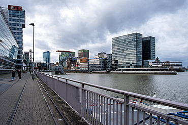 View of Dusseldorf-Hafen, an urban quarter located on the River Rhine and the location of the city's docks, Dusseldorf, North Rhine Westphalia, Germany, Europe