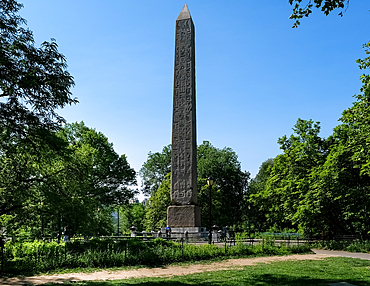 View of Cleopatra's Needle, a red granite obelisk, from the Temple of Ra in Ancient Egypt, Central Park, New York City, United States of America, North America