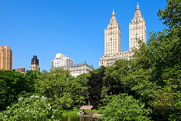 New York City cityscape viewed from The Lake, Central Park's largest body of water after the Reservoir, Central Park, Manhattan, New York City, United States of America, North America