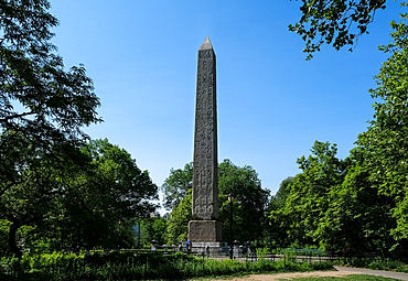 View of Cleopatra's Needle, a red granite obelisk, from the Temple of Ra in Ancient Egypt, Central Park, New York City, United States of America, North America