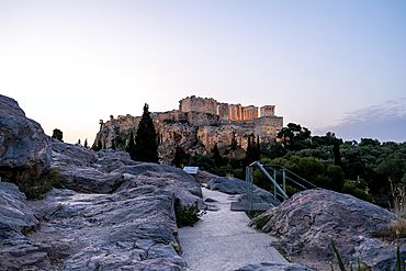 Sunrise view of the Acropolis of Athens, UNESCO World Heritage Site, a historic fortress on a rocky hill above Athens, Greece, Europe