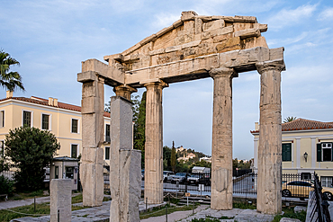 View of the Gate of Athena Archegetis, on the west side of the Roman Agora, built in 11 BCE, featuring an architrave on four Doric columns of Pentelic marble, Athens, Greece, Europe