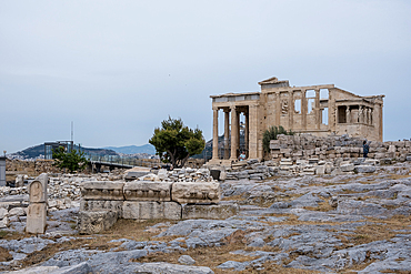 Detail of the Erechtheion, or Temple of Athena Polias, an ancient Greek Ionic temple on the north side of the Acropolis in Athens, primarily dedicated to the goddess Athena.