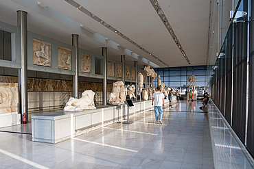 Architectural detail of the Acropolis Museum, an archaeological museum located in the historic center of Athens, Greece, dedicated to showcasing discoveries from the Acropolis and its surrounding slopes.