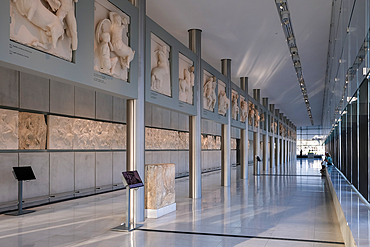 Architectural detail of the Acropolis Museum, an archaeological museum located in the historic center of Athens, Greece, dedicated to showcasing discoveries from the Acropolis and its surrounding slopes.