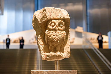 Owl, symbol of Athens, at display at the Acropolis Museum, an archaeological museum located in the historic center of Athens, Greece, dedicated to showcasing discoveries from the Acropolis and its surrounding slopes.