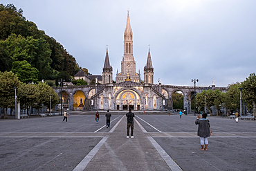 View of the Sanctuary of Our Lady of Lourdes, a Catholic Marian shrine and pilgrimage site dedicated to Our Lady of Lourdes in the town of Lourdes, Hautes-Pyrénées, France.