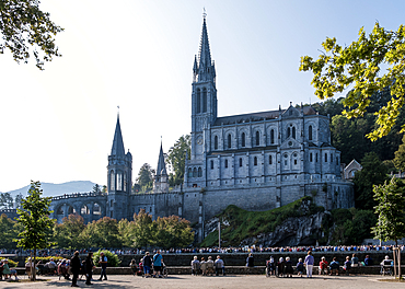 View of the Sanctuary of Our Lady of Lourdes, a Catholic Marian shrine and pilgrimage site dedicated to Our Lady of Lourdes in the town of Lourdes, Hautes-Pyrénées, France.