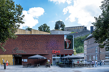 View of the Cable Car station at Place Maurice Servais in the city center of Namur, Belgium. This station connects to the esplanade of the Citadel of Namur, a fortress located at the confluence of the Sambre and Meuse rivers.