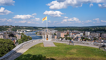 View of Namur, a city and municipality, the capital of both the province of Namur and Wallonia, from the Citadel of Namur, a fortress located at the confluence of the Sambre and Meuse rivers in Belgium.