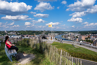 View of Namur, a city and municipality, the capital of both the province of Namur and Wallonia, from the Citadel of Namur, a fortress located at the confluence of the Sambre and Meuse rivers in Belgium.