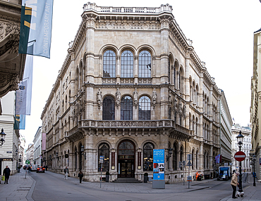 Vienna, Austria – View of Café Central's grand neo-Renaissance facade on Herrengasse, featuring arched windows, ornate stonework, and the iconic entrance that welcomed Freud, Trotsky and Vienna's intellectual elite.