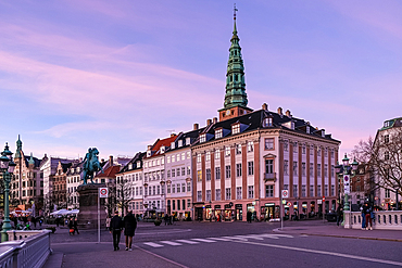Copenhagen, Denmark – View of Højbro Plads, a historic square near the canal, known for its equestrian statue of Bishop Absalon and its vibrant role in the city’s cultural and commercial life.