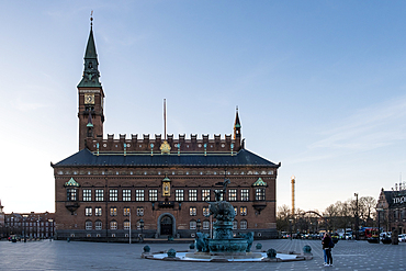 Copenhagen, Denmark – Architectural detail of Københavns Rådhus (City Hall), a National Romantic masterpiece by Martin Nyrop, featuring a 105.6-meter tower and Jens Olsen’s World Clock.