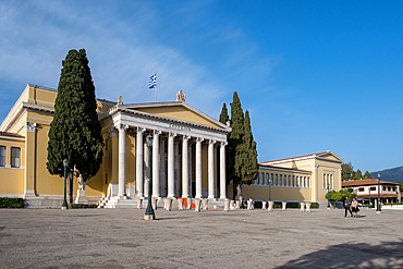 Athens, Greece – Architectural detail of the Zappeion (Ζάππειον), a 19th-century neoclassical exhibition hall with Corinthian columns and symmetrical wings, set within the National Garden.