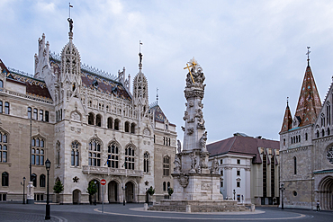 Budapest, Hungary – View of Holy Trinity Square with Matthias Church, Holy Trinity Column, and the Hungarian Composers’ Association in the Buda Castle District.