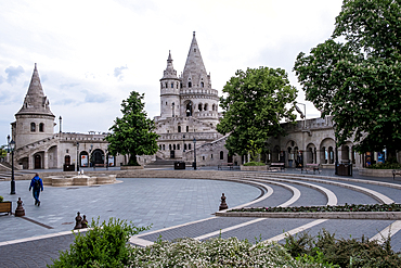 Budapest, Hungary – View of Halászbástya (Fisherman's Bastion), a 19th-century Neo-Romanesque lookout near Buda Castle in the Várkerület District, offering panoramic views of the city and the Danube.