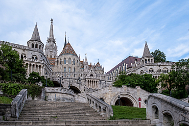 Budapest, Hungary – View of Halászbástya (Fisherman's Bastion), a 19th-century Neo-Romanesque lookout near Buda Castle in the Várkerület District, offering panoramic views of the city and the Danube.