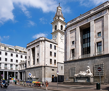 View of the Fountains of Po and Dora in Piazza CLN, dating back to 1936 and adorned with allegorical sculptures, standing as neorationalistic symbols in architect Marcello Piacentini's vision for Via Roma's redevelopment, Turin, Piedmont, Italy, Europe