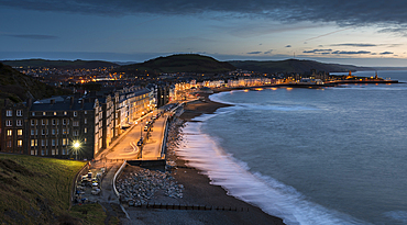 Aberystwyth Promenade, at dusk, taken with slow shutter speed, on the west coast of Wales, Aberystwyth, Ceredigion, Wales, United Kingdom, Europe