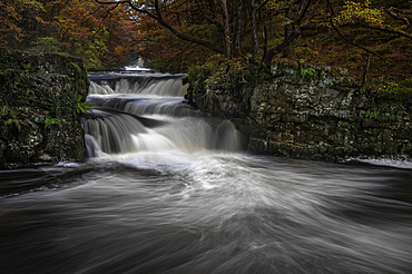 Autumnal waterfall along the Four Waterfalls walk, Waterfall Country, Brecon Beacons National Park, South Wales, United Kingdom, Europe