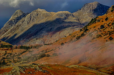 View towards the dramatic Langdale Pikes from Little Langdale Valley, Lake District National Park, UNESCO World Heritage Site, Cumbria, England, United Kingdom, Europe