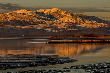 View across the Duddon Estuary towards the Coniston mountain range and the Lake District National Park, Furness Peninsula, Cumbria, England, United Kingdom, Europe