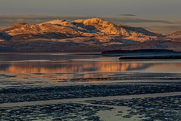 View across the Duddon Estuary towards the Coniston mountain range and the Lake District National Park, Furness Peninsula, Cumbria, England, United Kingdom, Europe