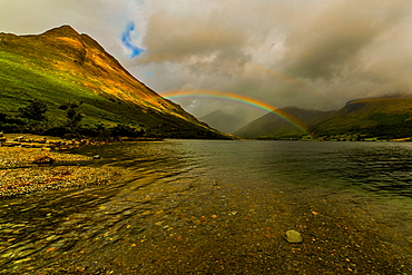 View towards distant Great Gable with rainbow across Wast Water with Yewbarrow on the left and the Scafell Range right, Wasdale, Lake District National Park, UNESCO World Heritage Site, Cumbria, England, United Kingdom, Europe