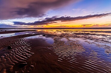 Sunset across the Irish Sea and Furness Peninsula, from Sandy Gap, Walney Island, Cumbrian Coast, Cumbria, England, United Kingdom, Europe