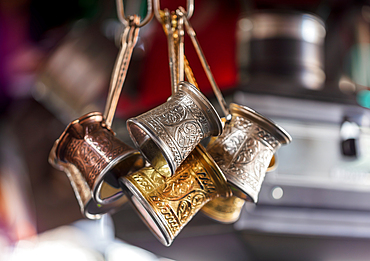 Copper craftsmanship, coffee makers at the Grand Bazaar, Istanbul, Turkey, Europe