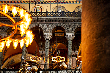 Hagia Sophia Mosque interior, left side wall of green and black marble columns and carved capitals, UNESCO World Heritage Site, Istanbul, Turkey, Europe