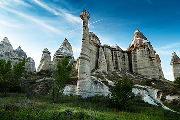 View with strange phallic rocks, Valley of Love, Cappadocia, Turkey, Asia Minor, Asia