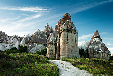 View with strange phallic rocks, Valley of Love, Cappadocia, Turkey, Asia Minor, Asia